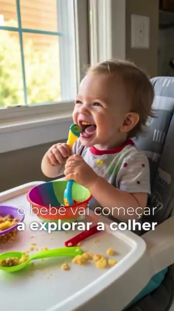 Bebê sorridente brincando com uma colher colorida no cadeirão durante introdução alimentar