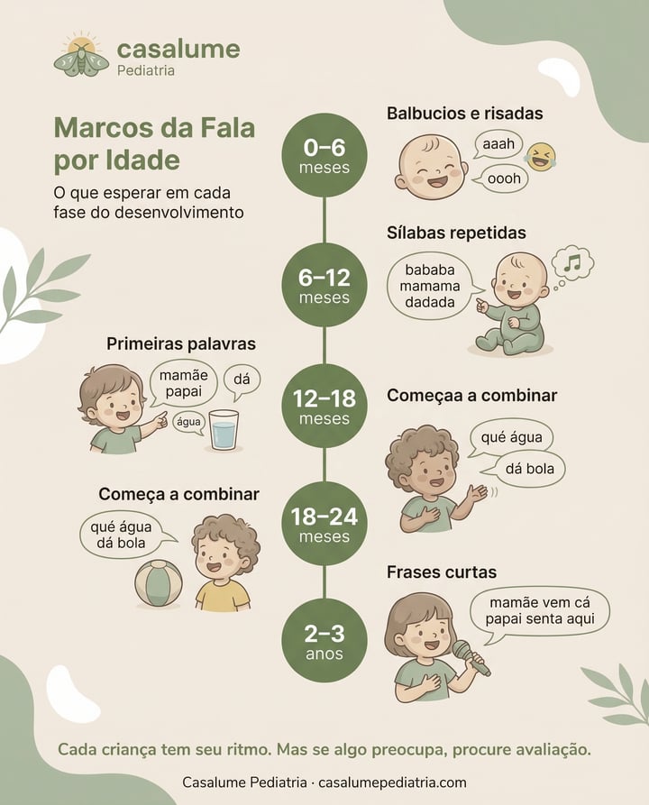 Infográfico Marcos da Fala por Idade: o que esperar de 0 a 3 anos no desenvolvimento da fala infantil