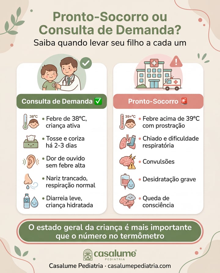 Infográfico comparativo: quando ir ao Pronto-Socorro vs Consulta de Demanda — sintomas e sinais de alerta