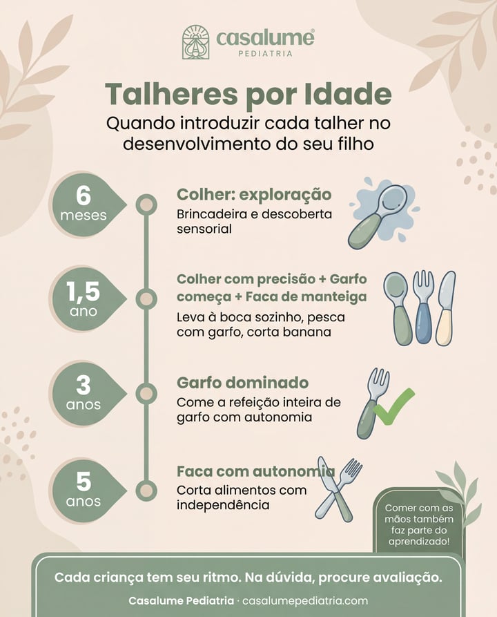 Infográfico Talheres por Idade: colher aos 6 meses, garfo aos 1,5 ano, faca aos 5 anos — guia de desenvolvimento infantil